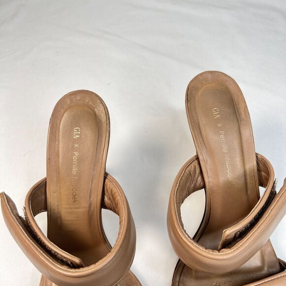 Gia Borghini Pernille Teisbaek Two-Band Puffy Slide Sandals Tan Leather 39.5 - Picture 14 of 16